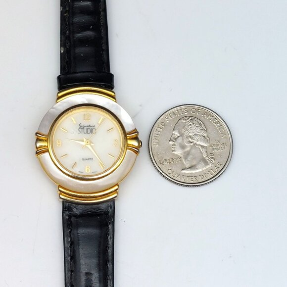 Vintage Signature Studio Quartz Watch Gold & Silver Tone Black Leather Strap - Picture 7 of 10